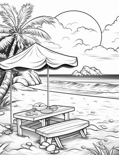 Coloring book pages, Draw a picnic landscape on the beach, cartoon styles, thick lines, low detail, no shading, --ar 85:110