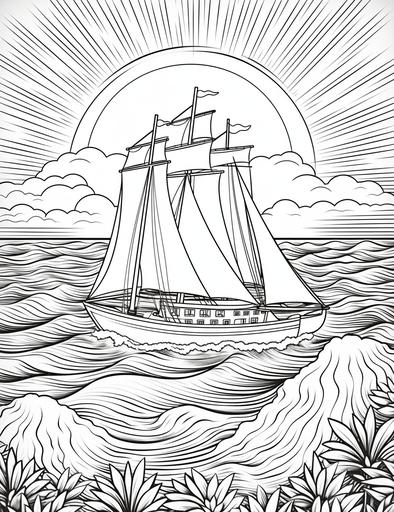 Coloring book pages, Draw a sunset at sea , cartoon styles, thick lines, low detail, no shading, --ar 85:110