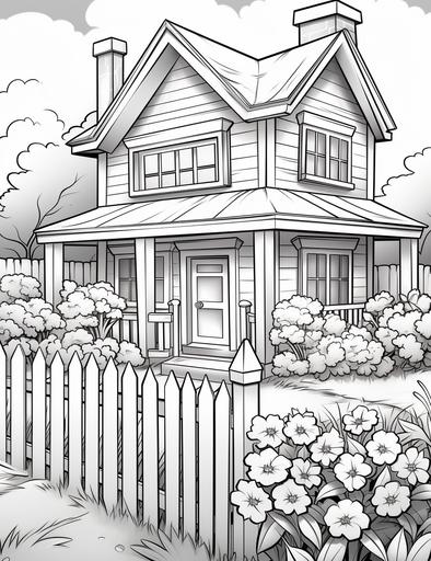 Coloring book pages, Draw a two-story house with a fence and flowers, cartoon styles, thick lines, low detail, no shading, --ar 85:110