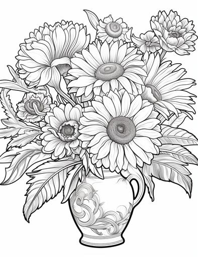 Coloring book pages, Draw a vase of flowers with roses, daisies and sunflowers , cartoon styles, thick lines, low detail, no shading, --ar 85:110