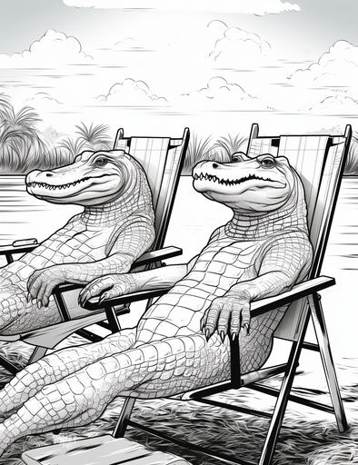 Coloring book pages, Draw two crocodiles sunbathing , cartoon styles, thick lines, low detail, no shading, --ar 85:110
