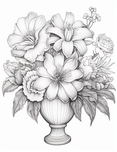 Coloring pages for adults, A few Brahma Kamal flowers are neatly arranged in a large vase with luxurious motifs, thick lines, low detail, no shading, --ar 85:110