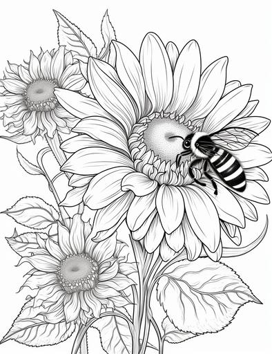 adults coloring book, Draw a sunflower with a bee buzzing around it, the farm view, cartoon styles, thick lines art, low detail, no shading, --ar 85:110
