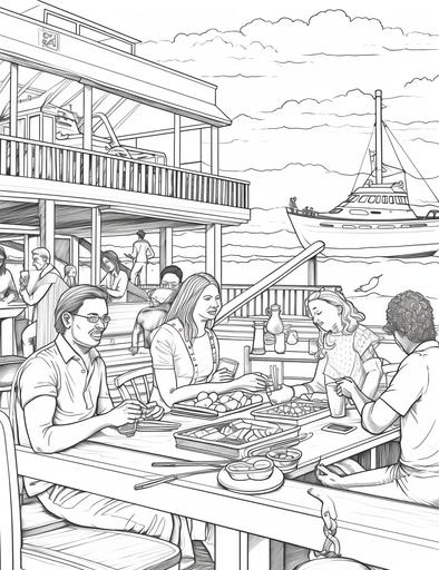adults coloring pages, A group of scientists having a picnic on the beach. They are eating sandwiches, salads, and fruits. Some of them are reading books or journals, while others are playing cards or board games. In the background, there are boats, a pier, and a telescope, cartoon styles, thick lines, low detail, no shading, --ar 85:110