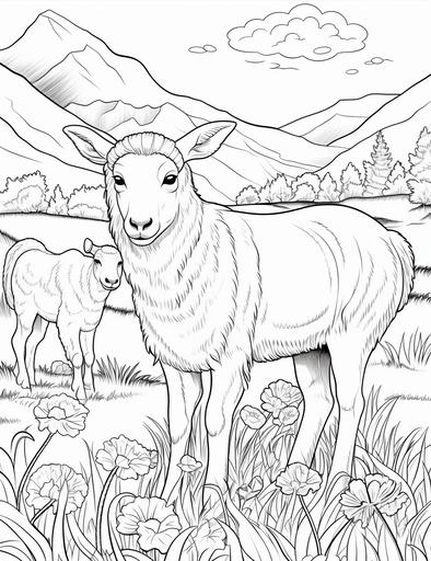 adults coloring pages, Draw a cow, a horse, and a sheep grazing on the green grass, cartoon styles, low detail, no shading, --ar 85:110