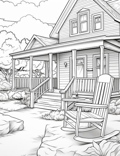 adults coloring pages, Draw a farmhouse with a porch and some rocking chairs, cartoon styles, thick lines, low detail, no shading, --ar 85:110