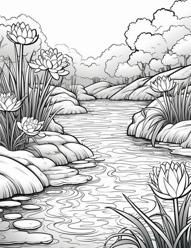 adults coloring pages, Draw a pond with some ducks, frogs, and lily pads, cartoon styles, thick lines, low detail, no shading, --ar 85:110