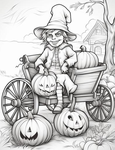 adults coloring pages, Draw a wagon with some pumpkins and a scarecrow on it, cartoon styles, thick lines, low detail, no shading, --ar 85:110