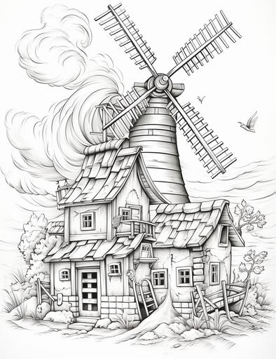 adults coloring pages, draw some birds are flying in the sky, behind is a windmill are blowing, cartoon styles, thick lines, low detail, no shading, --ar 85:110
