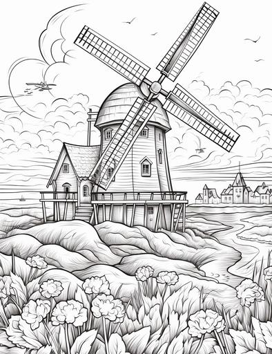 adults coloring pages, draw some birds are flying in the sky, behind is a windmill are blowing, cartoon styles, thick lines, low detail, no shading, --ar 85:110