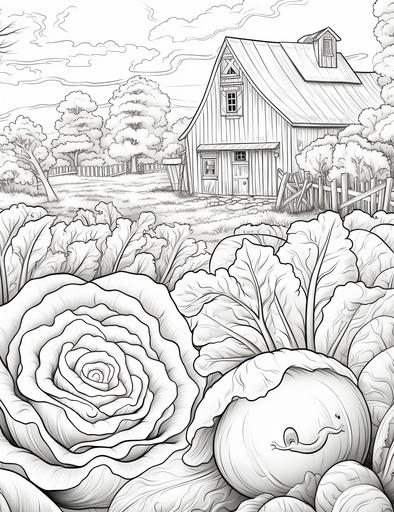coloring book page, happy farm, view of a beautiful garden, organic vegetables, cute worms in the cabbage, no color, thick lines, low detail, no shading, --ar 85:110