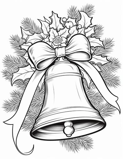 coloring book pages, A Christmas bell with a ribbon and a jingle, cartoon styles, thick linea, low detail, no shading with black and white, --ar 85:110