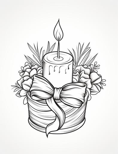 coloring book pages, A Christmas candle with a pine needle and a bow, cartoon styles, thick linea, low detail, no shading with black and white, --ar 85:110
