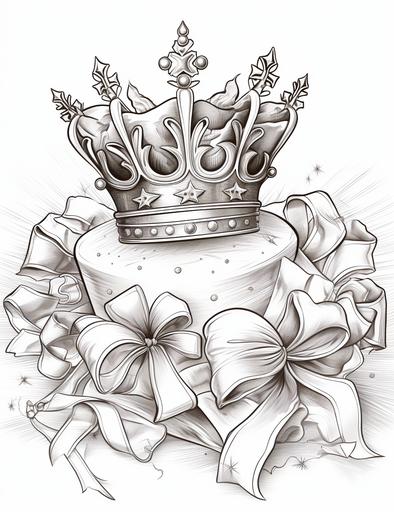 coloring book pages, A Christmas cracker with a joke, a toy, and a crown, cartoon styles, thick linea, low detail, no shading with black and white, --ar 85:110