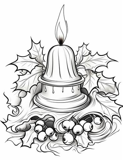 coloring book pages, A Christmas pudding with a holly sprig and a flame, cartoon styles, thick linea, low detail, no shading with black and white, --ar 85:110