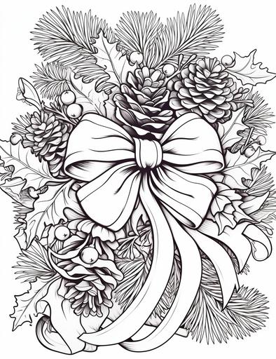 coloring book pages, A Christmas wreath with pine cones, holly, and a red bow, cartoon styles, thick linea, low detail, no shading with black and white, --ar 85:110