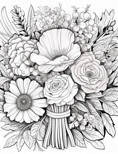 coloring book pages, A bouquet of flowers with a thank you card, cartoon styles, thick lines, low detail, no shading with black and white, --ar 85:110