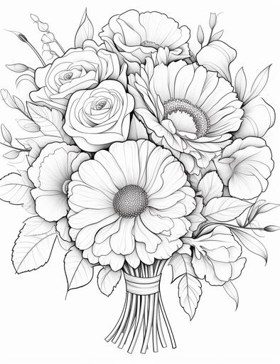 coloring book pages, A bouquet of flowers with a thank you card, cartoon styles, thick lines, low detail, no shading with black and white, --ar 85:110