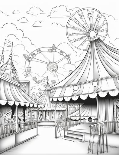 coloring book pages, A carnival with a ferris wheel, a balloon, and a sun setting behind the tents ,cartoon styles, thick lines, low detail, no shading with black and white, --ar 85:110