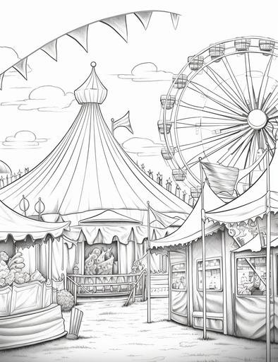 coloring book pages, A carnival with a ferris wheel, a balloon, and a sun setting behind the tents ,cartoon styles, thick lines, low detail, no shading with black and white, --ar 85:110