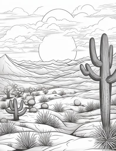 coloring book pages, A desert with sand dunes, cacti, and a bright orange sun ,cartoon styles, thick lines, low detail, no shading with black and white, --ar 85:110