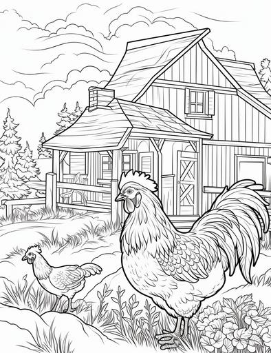 coloring book pages, A farm with a barn, a tractor, and a rooster crowing at the sunrise ,cartoon styles, thick lines, low detail, no shading with black and white, --ar 85:110
