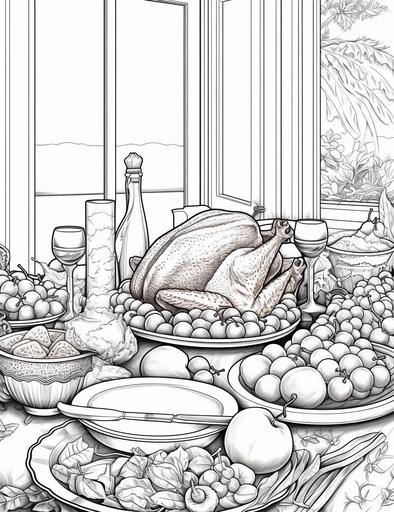 coloring book pages, A festive table with a roasted turkey, cranberry sauce, and pies, cartoon styles, thick linea, low detail, no shading with black and white, --ar 85:110