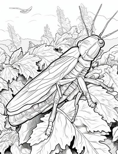 coloring book pages, A flock of locusts is flying in the cabbage garden ,cartoon styles, thick lines, low detail with white background, no shading with black and white, --ar 85:110