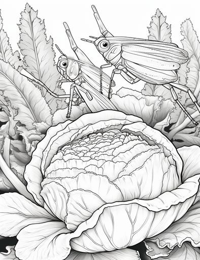 coloring book pages, A flock of locusts is flying in the cabbage garden ,cartoon styles, thick lines, low detail with white background, no shading with black and white, --ar 85:110