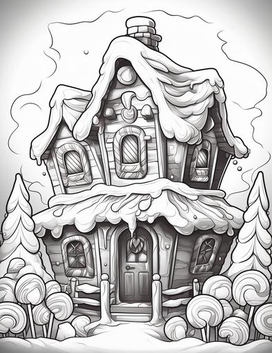 coloring book pages, A gingerbread house with candy canes, gumdrops, and icing, cartoon styles, thick linea, low detail, no shading with black and white, --ar 85:110