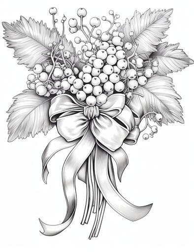 coloring book pages, A mistletoe with a red ribbon and a kiss, cartoon styles, thick linea, low detail, no shading with black and white, --ar 85:110