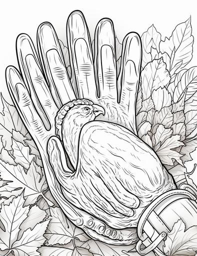 coloring book pages, A pair of mittens with a turkey and a pumpkin on them, cartoon styles, thick lines, low detail, no shading with black and white, --ar 85:110