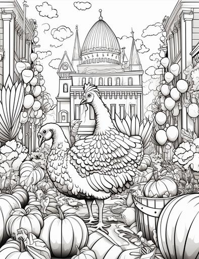 coloring book pages, A parade with balloons shaped like turkeys, pumpkins, and pies, cartoon styles, thick lines, low detail, no shading with black and white, --ar 85:110