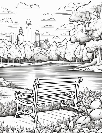 coloring book pages, A park with a pond, a bench, and a couple holding hands at the sunrise ,cartoon styles, thick lines, low detail, no shading with black and white, --ar 85:110