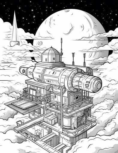 coloring book pages, A space station with a satellite, a rocket, and a sun rising over the earth ,cartoon styles, thick lines, low detail, no shading with black and white, --ar 85:110