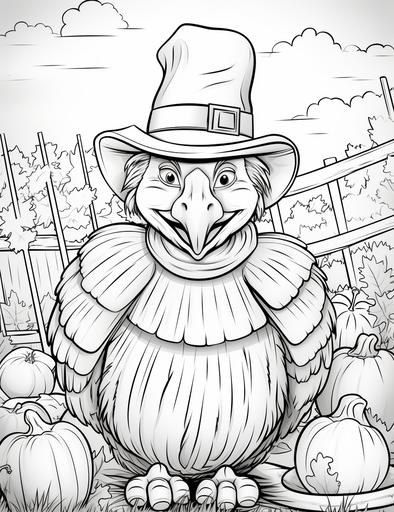 coloring book pages, A turkey wearing a pilgrim hat and holding a sign that says “Happy Thanksgiving”, cartoon styles, no color, thick lines, low detail, no shading, --ar 85:110