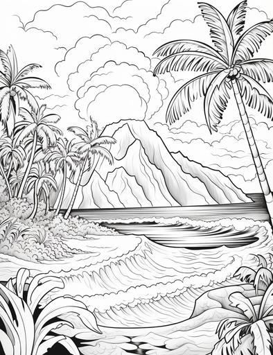 coloring book pages, Draw a beach scene with a volcano erupting in the background and a palm tree on fire ,cartoon styles, thick lines, low detail, no shading with black and white, --ar 85:110