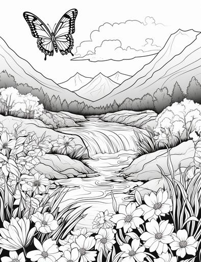 coloring book pages, Draw a beautiful valley with lots of flowers and flying butterflies, cartoon styles, thick lines, low detail, no shading, --ar 85:110