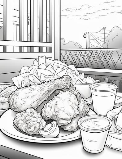 coloring book pages, Draw a delicious plate of KFC fried chicken and a bag of potato chips , cartoon styles, thick lines, low detail, no shading, --ar 85:110