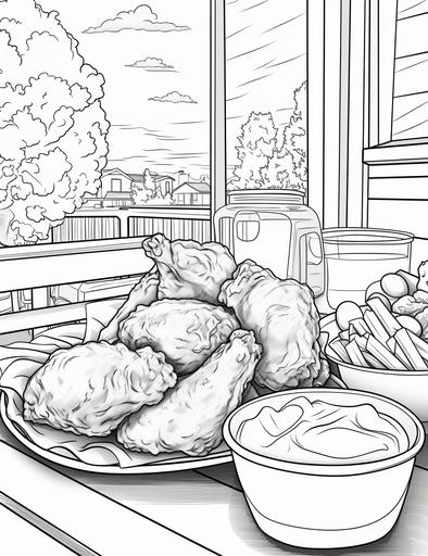 coloring book pages, Draw a delicious plate of KFC fried chicken and a bag of potato chips , cartoon styles, thick lines, low detail, no shading, --ar 85:110