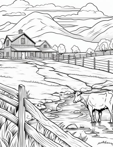 coloring book pages, Draw a farm landscape with a pasture and some cows and a fence and a milk jug ,cartoon styles, thick lines, low detail, no shading with black and white, --ar 85:110