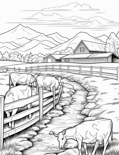 coloring book pages, Draw a farm landscape with a pasture and some cows and a fence and a milk jug ,cartoon styles, thick lines, low detail, no shading with black and white, --ar 85:110
