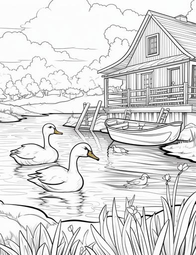 coloring book pages, Draw a farm landscape with a pond and some ducks and a boat and a fishing rod ,cartoon styles, thick lines, low detail, no shading with black and white, --ar 85:110
