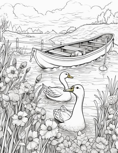 coloring book pages, Draw a farm landscape with a pond and some ducks and a boat and a fishing rod ,cartoon styles, thick lines, low detail, no shading with black and white, --ar 85:110