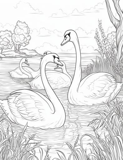coloring book pages, Draw a flock of swans playing in a lake, cartoon styles, thick lines, low detail, no shading, --ar 85:110