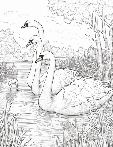 coloring book pages, Draw a flock of swans playing in a lake, cartoon styles, thick lines, low detail, no shading, --ar 85:110