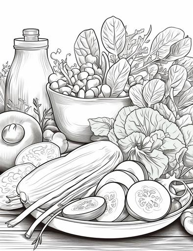 coloring book pages, Draw a giant salad with tomatoes, cucumbers and mayonnaise , cartoon styles, thick lines, low detail, no shading, --ar 85:110