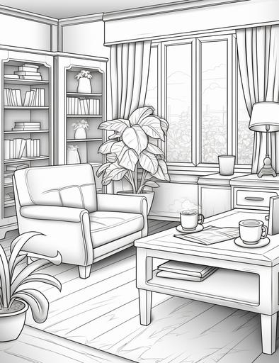 coloring book pages, Draw a living room with a TV, table and chairs and some magazines on the table , cartoon styles, thick lines, low detail, no shading, --ar 85:110