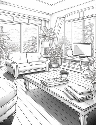 coloring book pages, Draw a living room with a TV, table and chairs and some magazines on the table , cartoon styles, thick lines, low detail, no shading, --ar 85:110