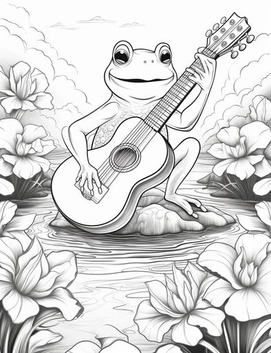 coloring book pages, Draw a lovely frog sitting and singing on a lotus leaf , cartoon styles, thick lines, low detail, no shading, --ar 85:110